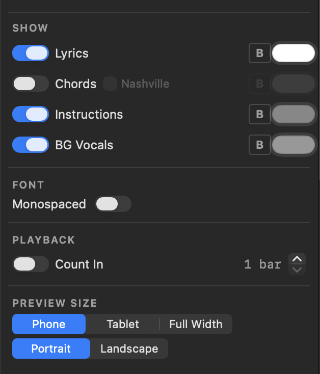 Perform view display options — toggles for Lyrics, chords, instructions, and background vocals, plus font, count-in, and preview size